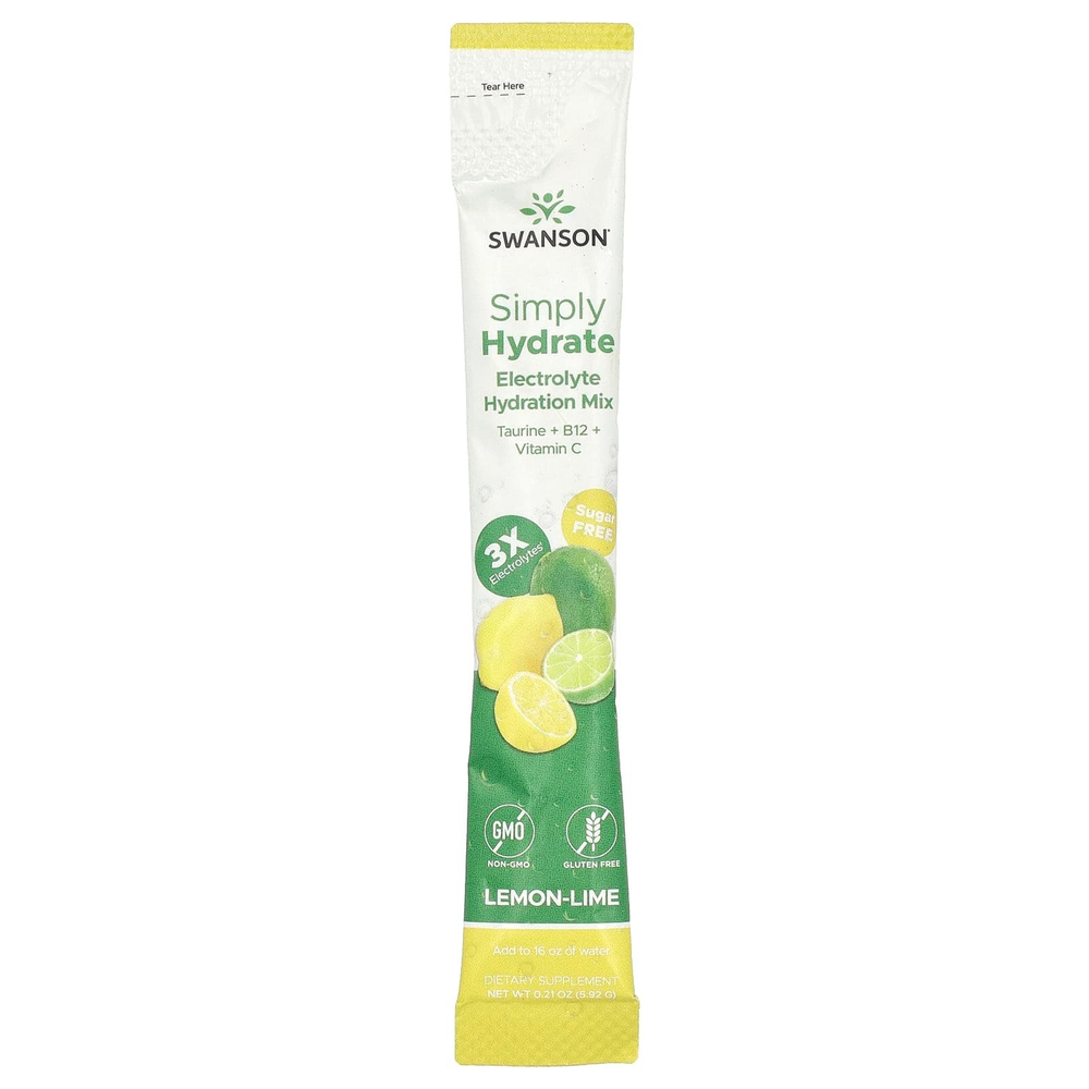 Swanson, Simply Hydrate, смесь для гидратации электролитов, лимон и лайм, 8 пакетиков в виде стиков по 5,92 г (0,21 унции)