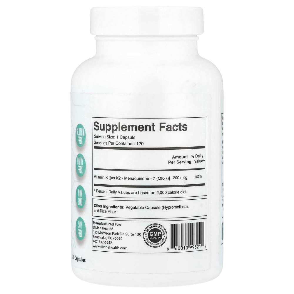 Divine Health, Дон Кольбер, доктор медицины Super K2, 120 капсул (200 мкг в капсуле)