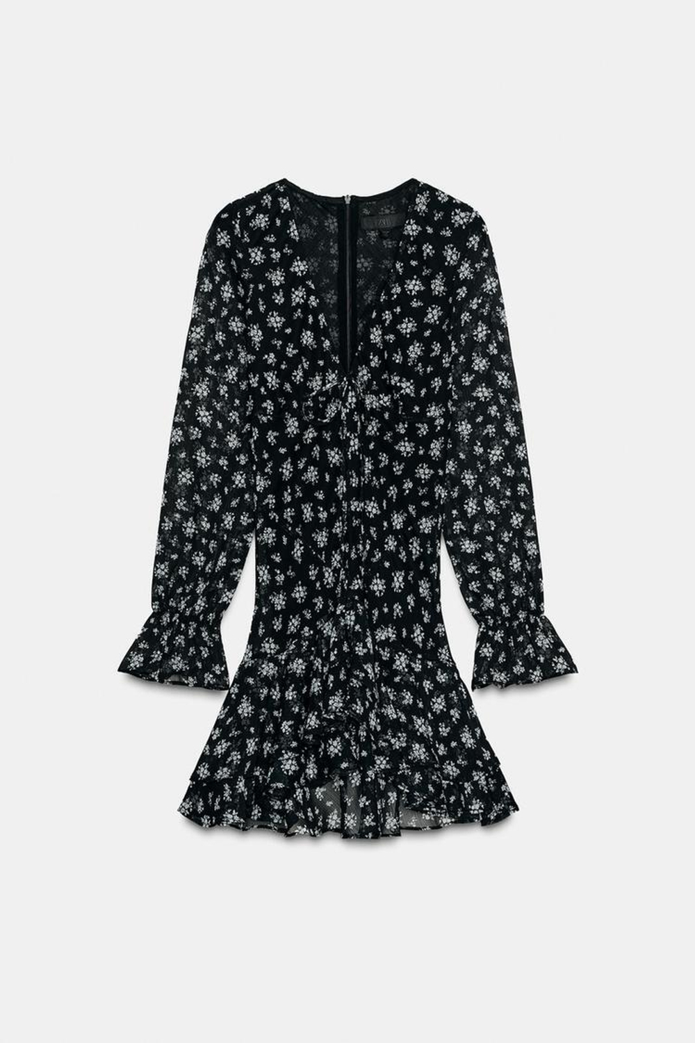 ZARA ПЛАТЬЕ ИЗ ТКАНИ С ЦВЕТОЧНЫМ ПРИНТОМ С ВОЛАНАМИ, ЧЕРНЫЙ/БЕЛЫЙ