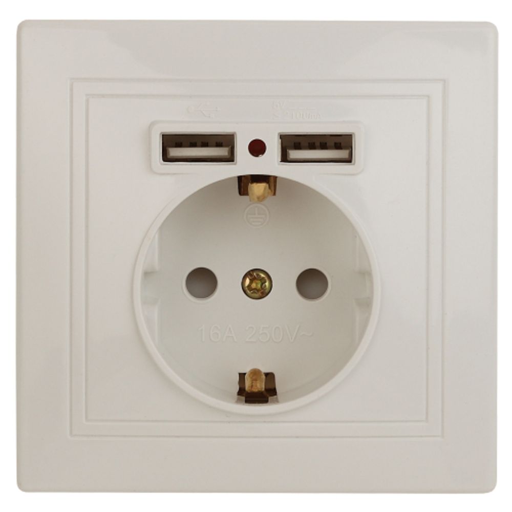 Розетка Intro Plano 1-410-02 с заземлением 2P+E Schuko со шторками, 16А-250В + 2хUSB 5В-2,1А, IP20, СУ, слоновая кость | Intro Plano