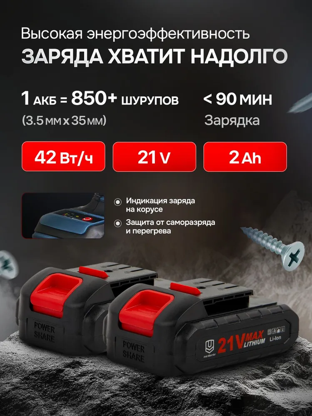 Бесщеточный аккумуляторный шуруповерт IRON WARRIOR ,21В,45-100Нм,2000об/мин,2АКБ 2Ач