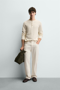 ZARA ФУТБОЛКА ИЗ РЕЛЬЕФНОГО ТРИКОТАЖА В РУБЧИК, ЭКРЮ