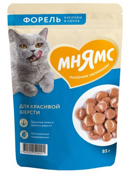 Влажный корм Мнямс На каждый день Кусочки в соусе с форелью для красивой шерсти кошек 85 г