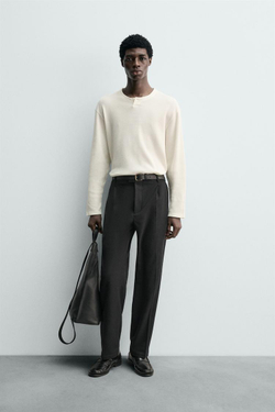 ZARA ФУТБОЛКА ВАФЕЛЬНОГО ПЕРЕПЛЕТЕНИЯ С ВОРОТНИКОМ НА ПУГОВИЦАХ, ЖЕЛТОВАТО-БЕЛЫЙ