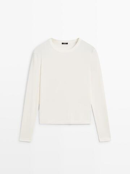 Massimo Dutti Меланжевая футболка в рубчик с длинными рукавами, натуральный/кремовый