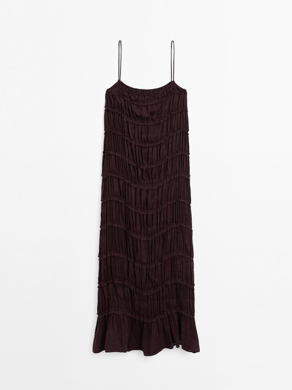 Massimo Dutti Длинное платье из струящейся смесовой льняной ткани, бордо