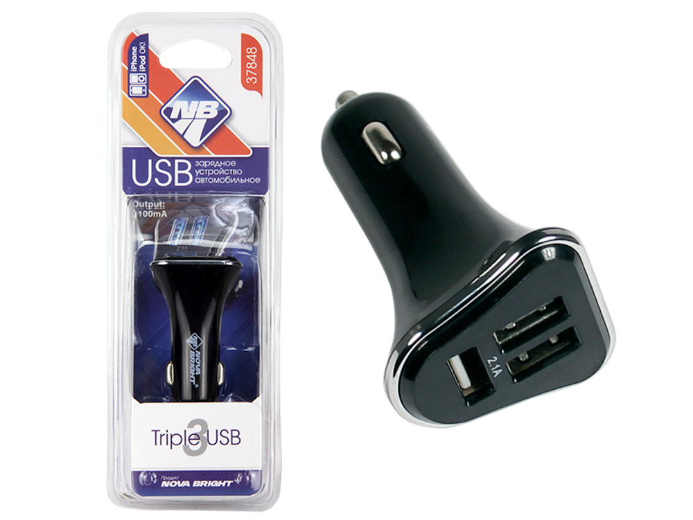 37848 Зарядное устройство NOVA BRIGHT, 3USB-порта,2100мА, LED индикатор ,12/24В, арт 37848