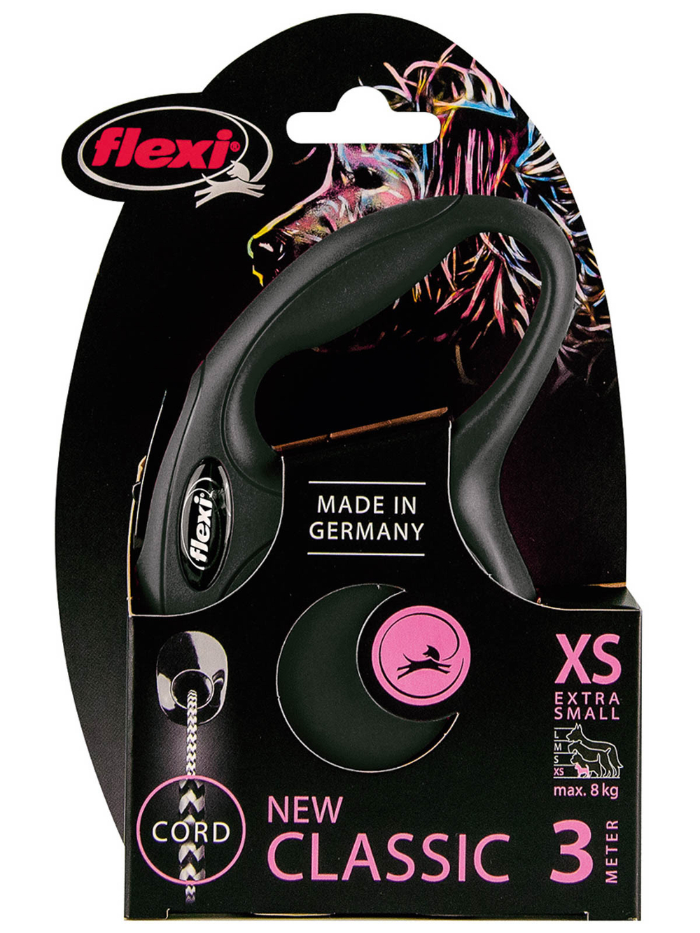 Поводок-рулетка Flexi New Classic XS. Трос 3 м. для собак до 8 кг. Черный