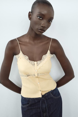 ZARA ТОП В РУБЧИК С КРУЖЕВОМ И ПУГОВИЦАМИ, ВАНИЛЬНЫЙ