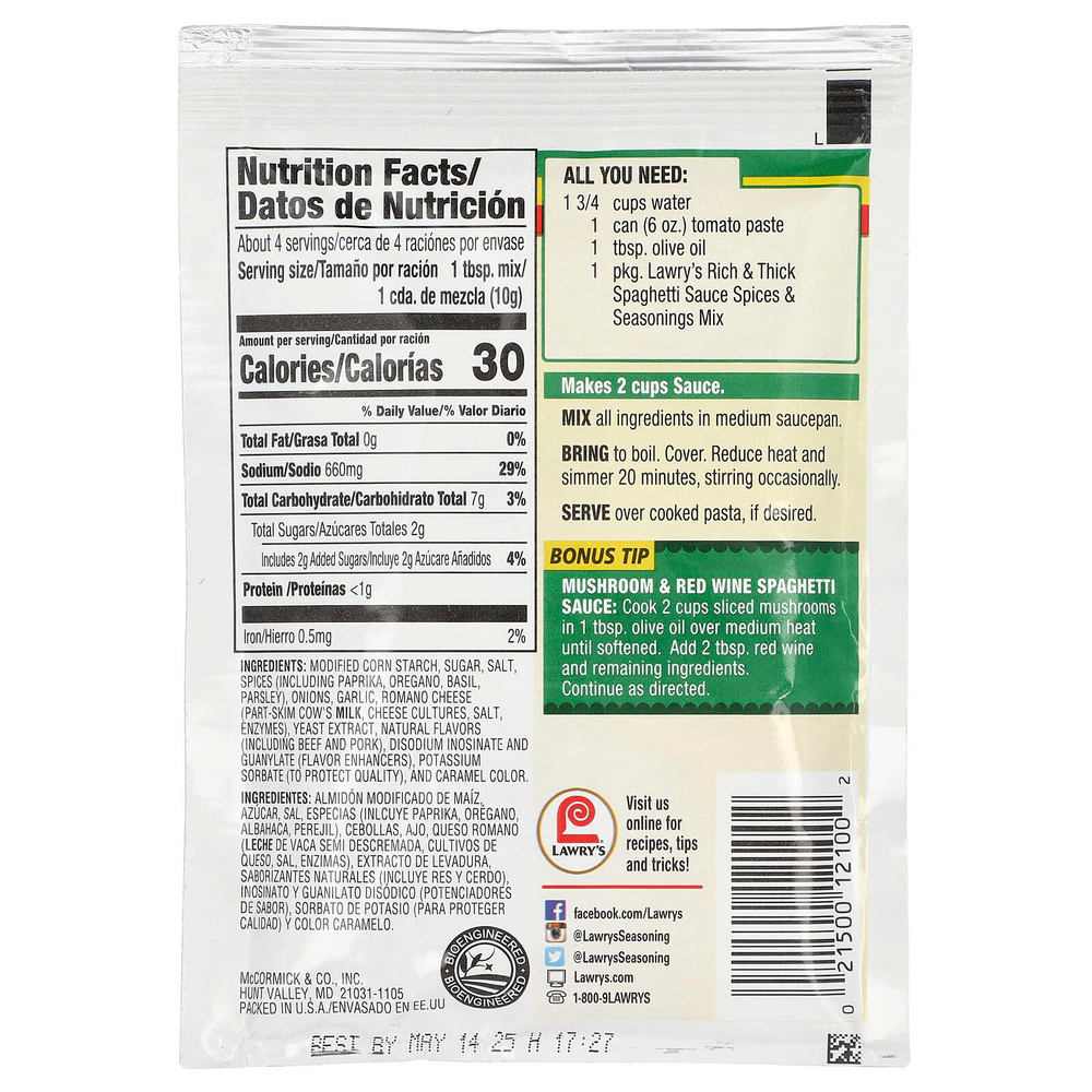 Lawry's, Густой и насыщенный соус для спагетти, смесь специй и приправ, 40 г (1,42 унции)