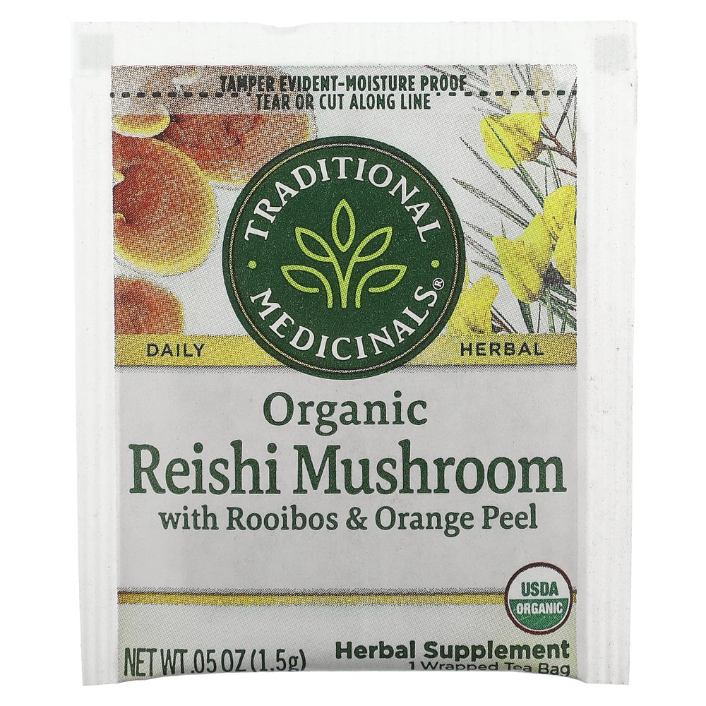 Traditional Medicinals, Органический гриб рейши с ройбушом и цедрой апельсина, без кофеина, 16 чайных пакетиков в упаковке, 24 г (0,85 унции)