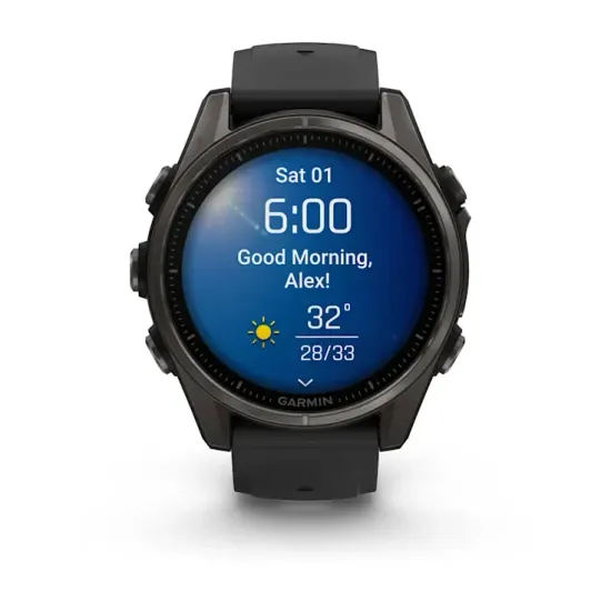 Мультиспортивные GPS часы Garmin Fenix 8S (43 mm) AMOLED, Sapphire Carbon Gray DLC Titanium with Black/Pebble Gray Silicone 010-02903-21