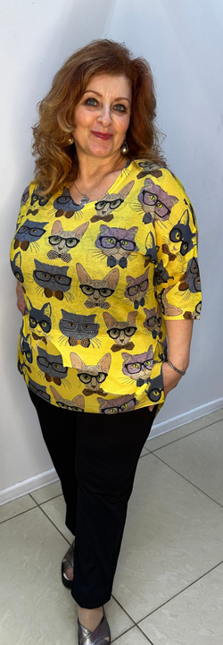 Желтая туника с кошечками в очках