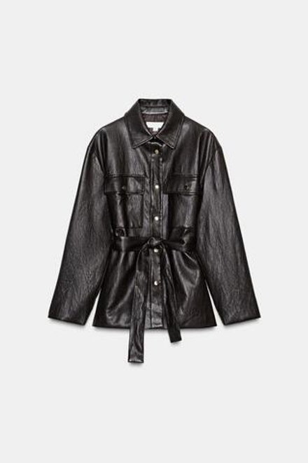 ZARA ДЛИННАЯ КУРТКА ИЗ ИСКУССТВЕННОЙ КОЖИ С ПОЯСОМ, КОРИЧНЕВЫЙ