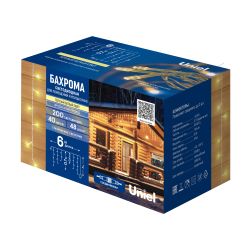 ULD-B6007-200-STK WARM WHITE IP44 Бахрома светодиодная со статическим свечением. 6м. Соединяемая. 200 светодиодов. Теплый белый свет. Провод прозрачный. ТМ Uniel