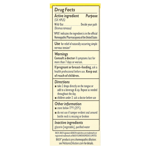 Bach, Original Flower Remedies, дикий овес, 10 мл (0,35 жидк. Унции)