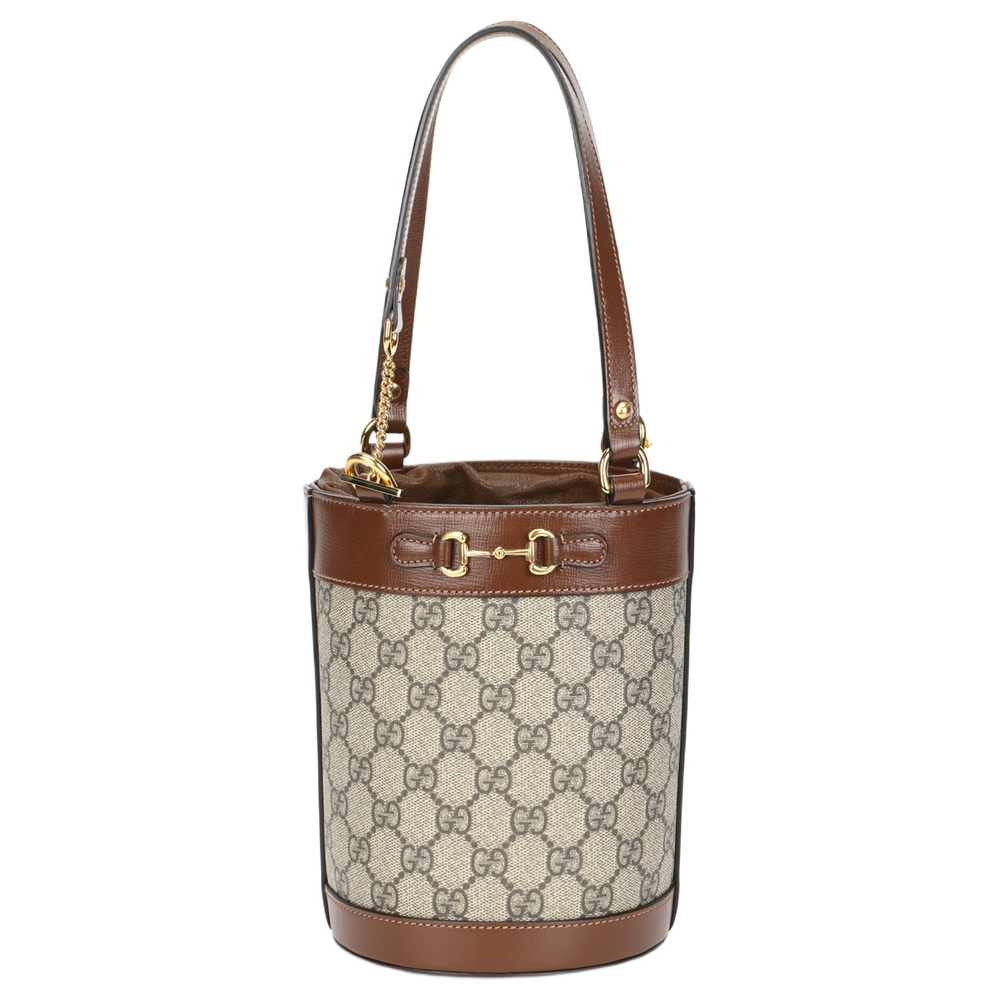 GUCCI Horsebit 1955 Canvas With Leather Bucket Bag, Shoulder Bag Small Women"s Ebony & Brown
