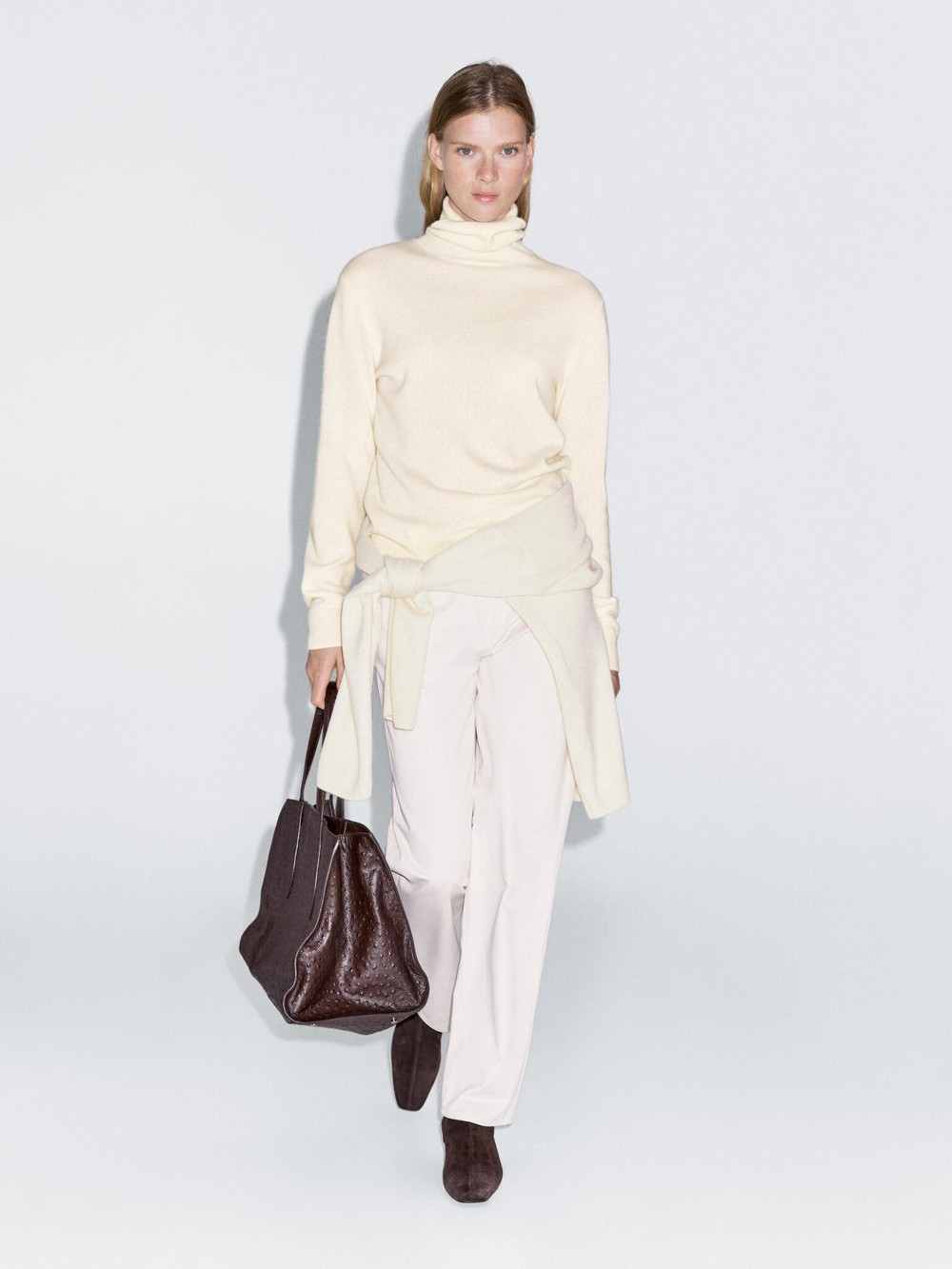 Massimo Dutti Свитер из смесовой шерсти с высоким воротником, натуральный/кремовый