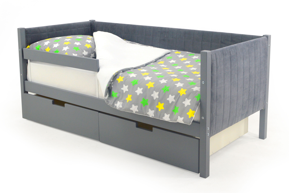 Детская кровать-тахта мягкая с бортиком и ящиками Бельмарко Svogen графит