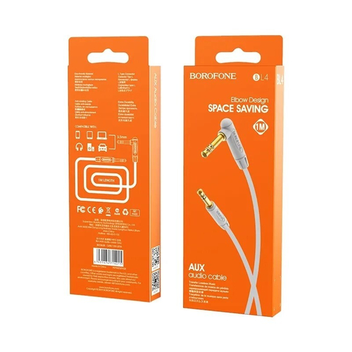 Аудиокабель AUX для подключения к автомагнитоле с разъемом 3,5 jack 1 м, угловой, серый (BOROFONE)