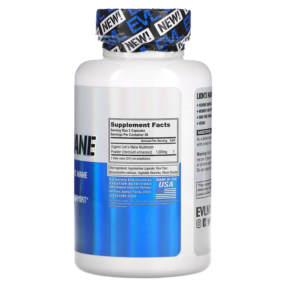 EVLution Nutrition, ежовик гребенчатый, 60 вегетарианских капсул (500 мг в 1 капсуле)