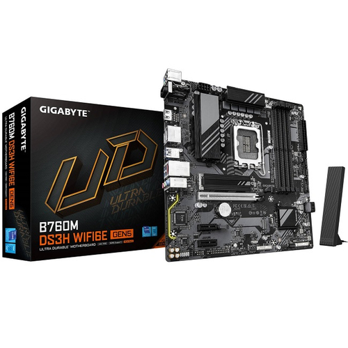 Материнская плата GIGABYTE B760M DS3H WIFI6E GEN5 (LGA1700/B760/4xDDR5/PCI-Ex16/2xM.2/SB/Wi-Fi/BT/GLAN/2xDP/HDMI/mATX)