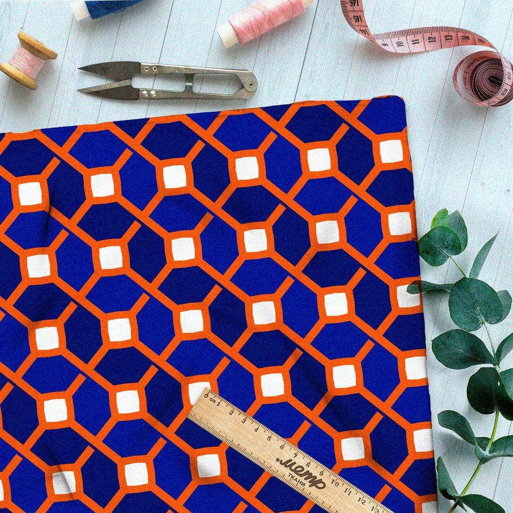 Ткань шифон синий графичный узор с оранжевыми полосами