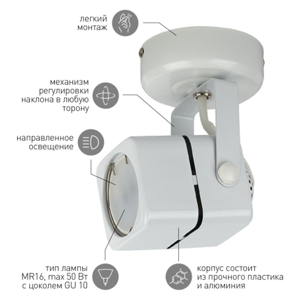 Светильник настенно-потолочный спот ЭРА OL3 GU10 WH под лампу MR16 GU10 белый