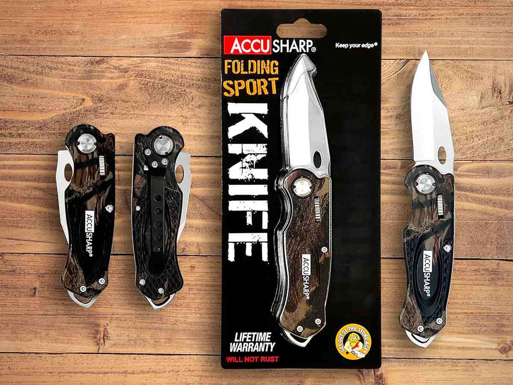 Нож складной AccuSharp Folding Sport Knife, нержавеющая сталь, рукоять алюминий, камуфляж