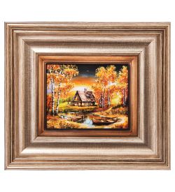 AMB-04/24 Икона «Избушка у озера» (с янтарной крошкой) L-18см