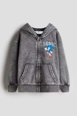 H&M Толстовка с капюшоном и застежкой-молнией и принтом Sonic, светло-серый
