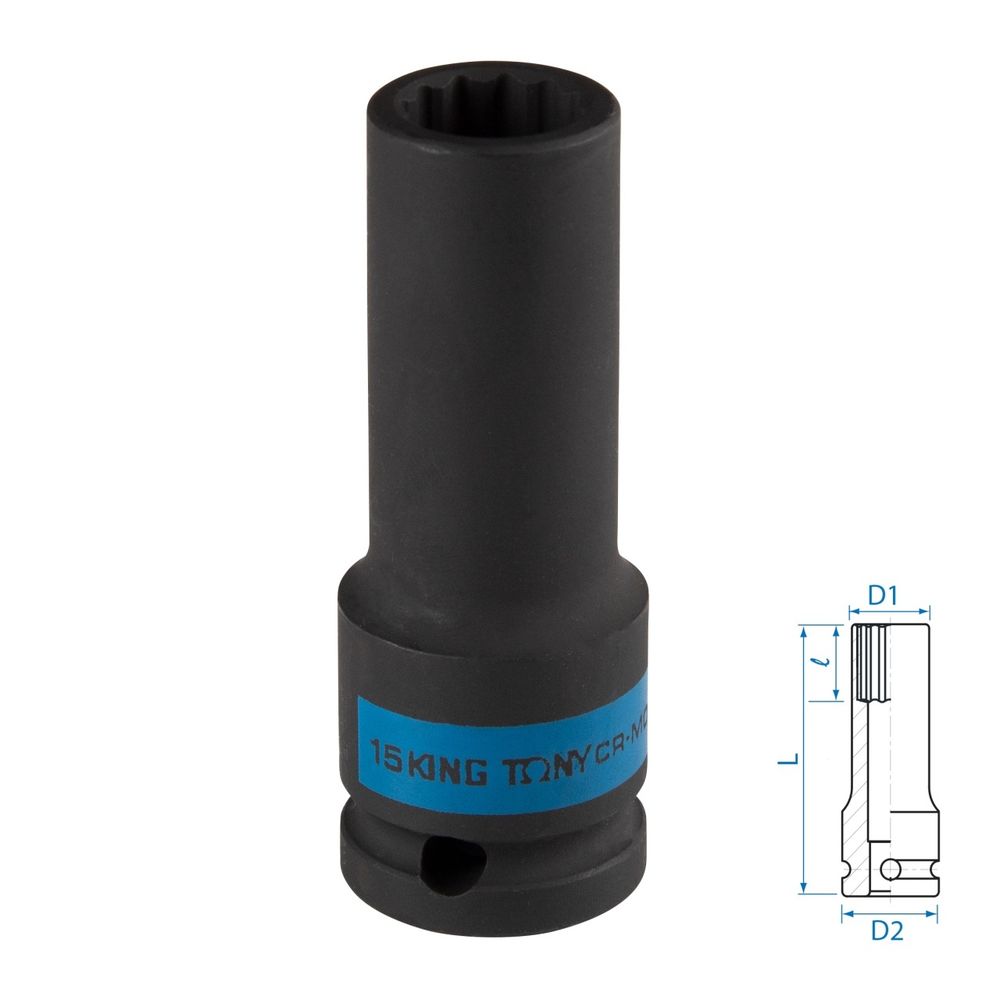 KING TONY (443015M) Головка торцевая ударная глубокая двенадцатигранная 1/2", 15 мм