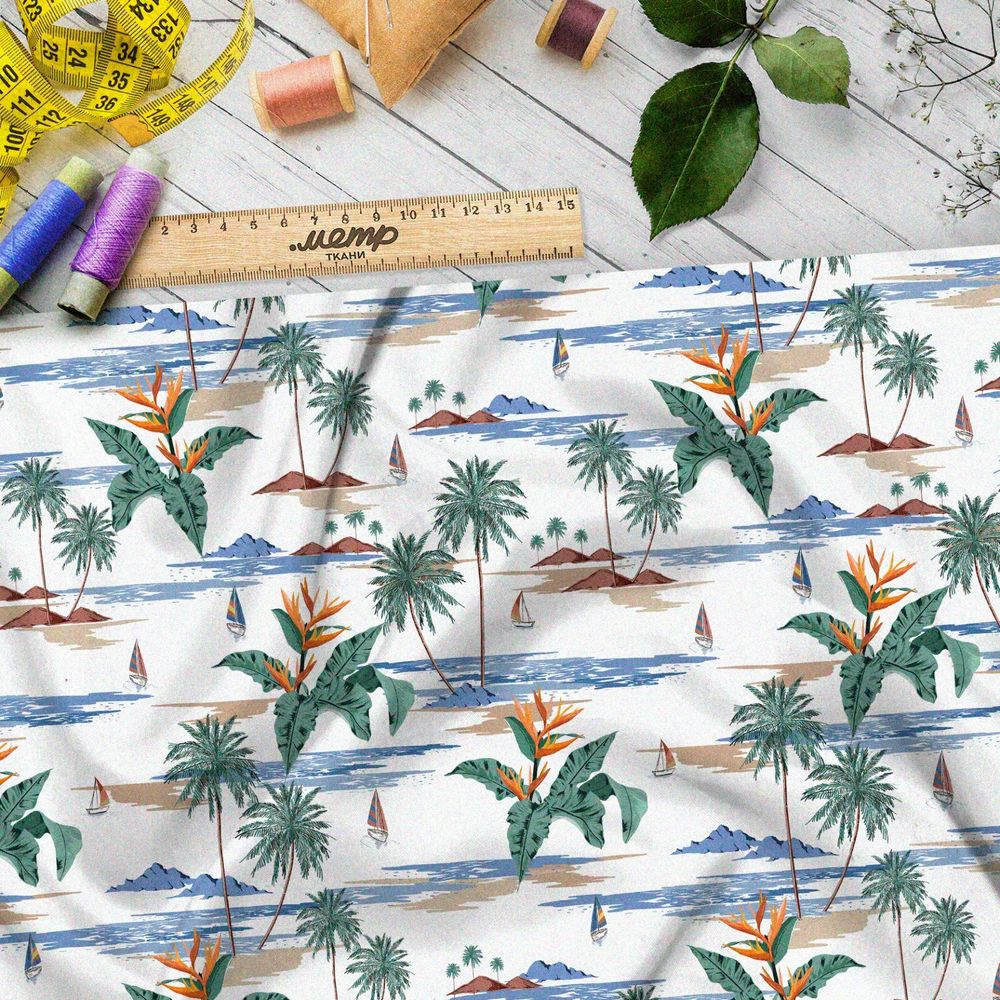 Ткань штапель маленькие тонкие пальмы и острова