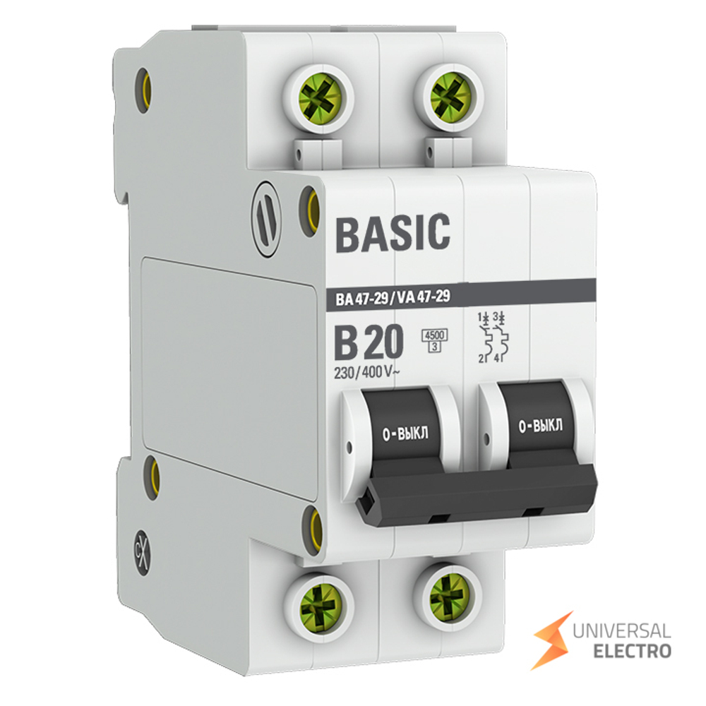 Автоматический выключатель 2P 20А (B) 4,5кА ВА 47-29 Basic
