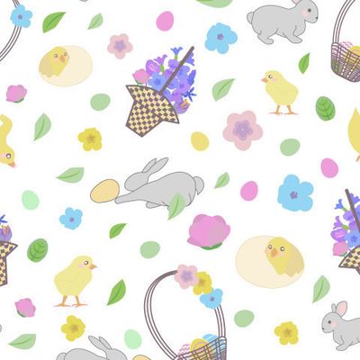 яйца, цветы в корзинках, цыплята и кролики