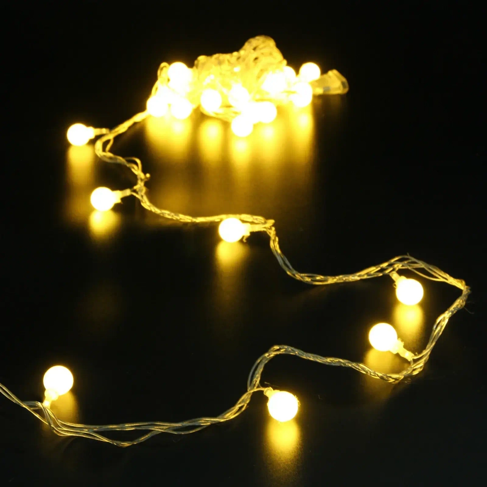 Гирлянда для дома 4м 30 ламп LED с насадками ШАРЫ 1,6 см, прозрачн. пров. 8 реж, IP-20 Теплый белый (возможность соединения)