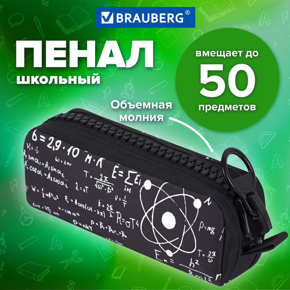 Пенал BRAUBERG с объемной "тракторной" молнией 1 отделение ткань 22х8х6 5 см "Science" (2 штуки в упаковке)