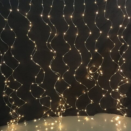 Электрогирлянда внутренняя Занавес Струны 3х3м 600LED, теплый белый, USB, пульт ДУ, серебристый кабе