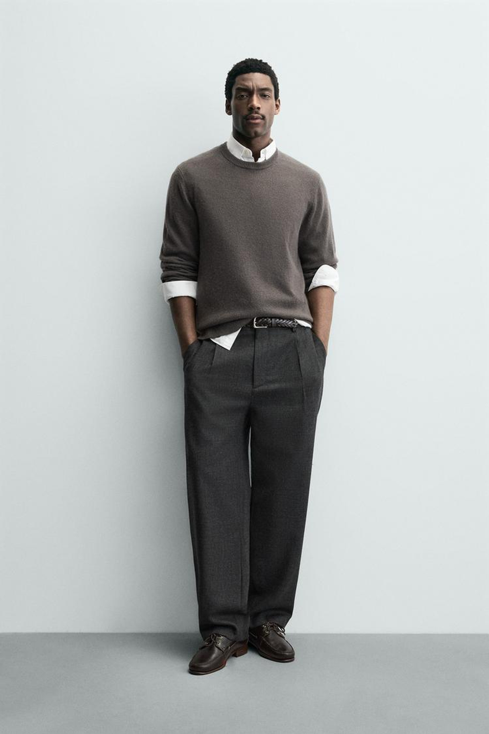 ZARA КАШЕМИРОВЫЙ СВИТЕР КЛАССИЧЕСКОГО КРОЯ, СЕРО-КОРИЧНЕВЫЙ