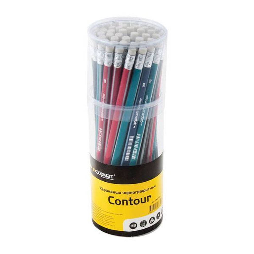 Карандаш чернографит. inФОРМАТ CONTOUR НВ с ластиком заточенный трехгранный, в тубусе 48 шт.