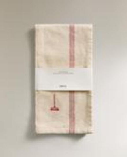 ZARA HOME КУХОННОЕ ПОЛОТЕНЦЕ ИЗ ХЛОПКА С ВЫШИВКОЙ, КРАСНЫЙ
