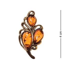 AM-2574 Брошь «Винтажный листик» (латунь, янтарь)