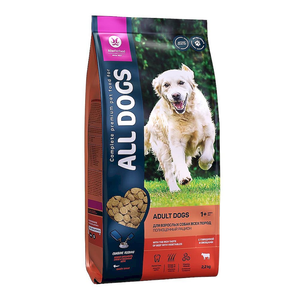 Сухой корм для взрослых собак ALL DOGS с говядиной и овощами, Пакет 2,2 кг Сухой корм для взрослых собак ALL DOGS с говядиной и овощами, Пакет 2,2 кг