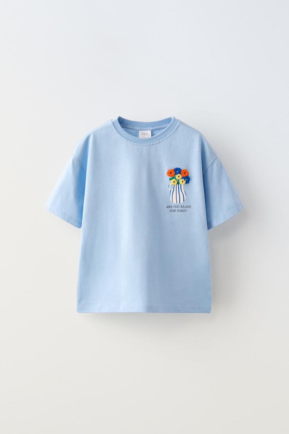 ZARA ФУТБОЛКА С ВЫШИТЫМ ЦВЕТКОМ, СИНИЙ