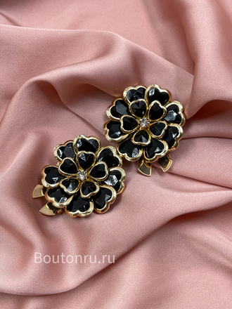 Накладка на пуговицу в форме цветка большая золотистая с черными стразами (клипсы)