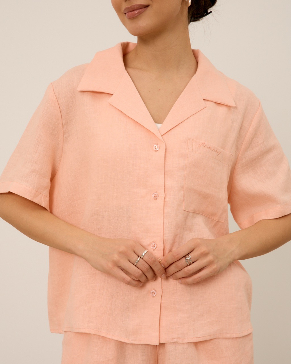 Рубашка 06, с коротким рукавом,из 100% льна, персиковая