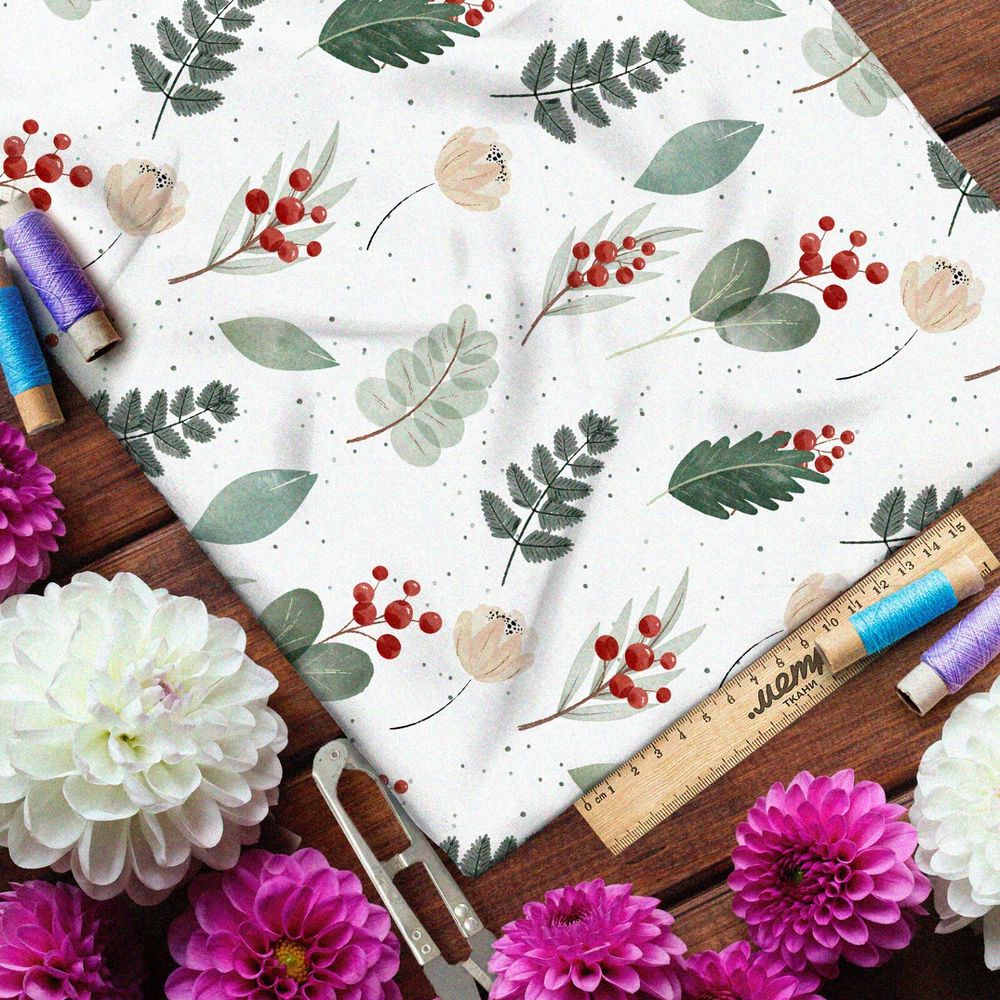 Ткань муслин маленькие акварельные брусника и листья