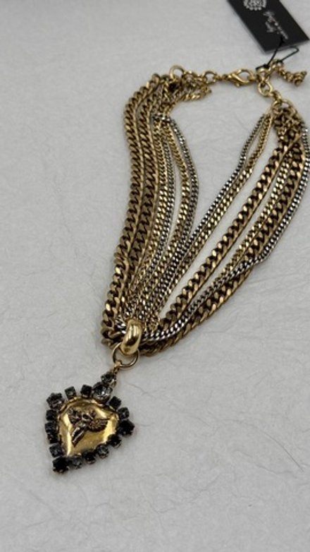 Колье кулон сердце с ангелом с флейтой, по краю черные и серые кристаллы на цепочках, золото антик