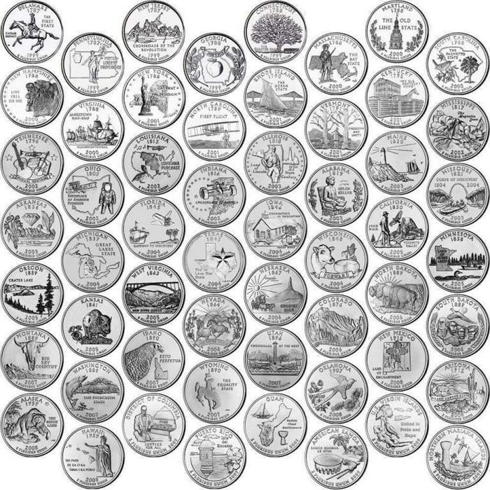 Набор 25 центов (квотеров) США "Штаты и территории" 1999-2009 двор D (56 монет)