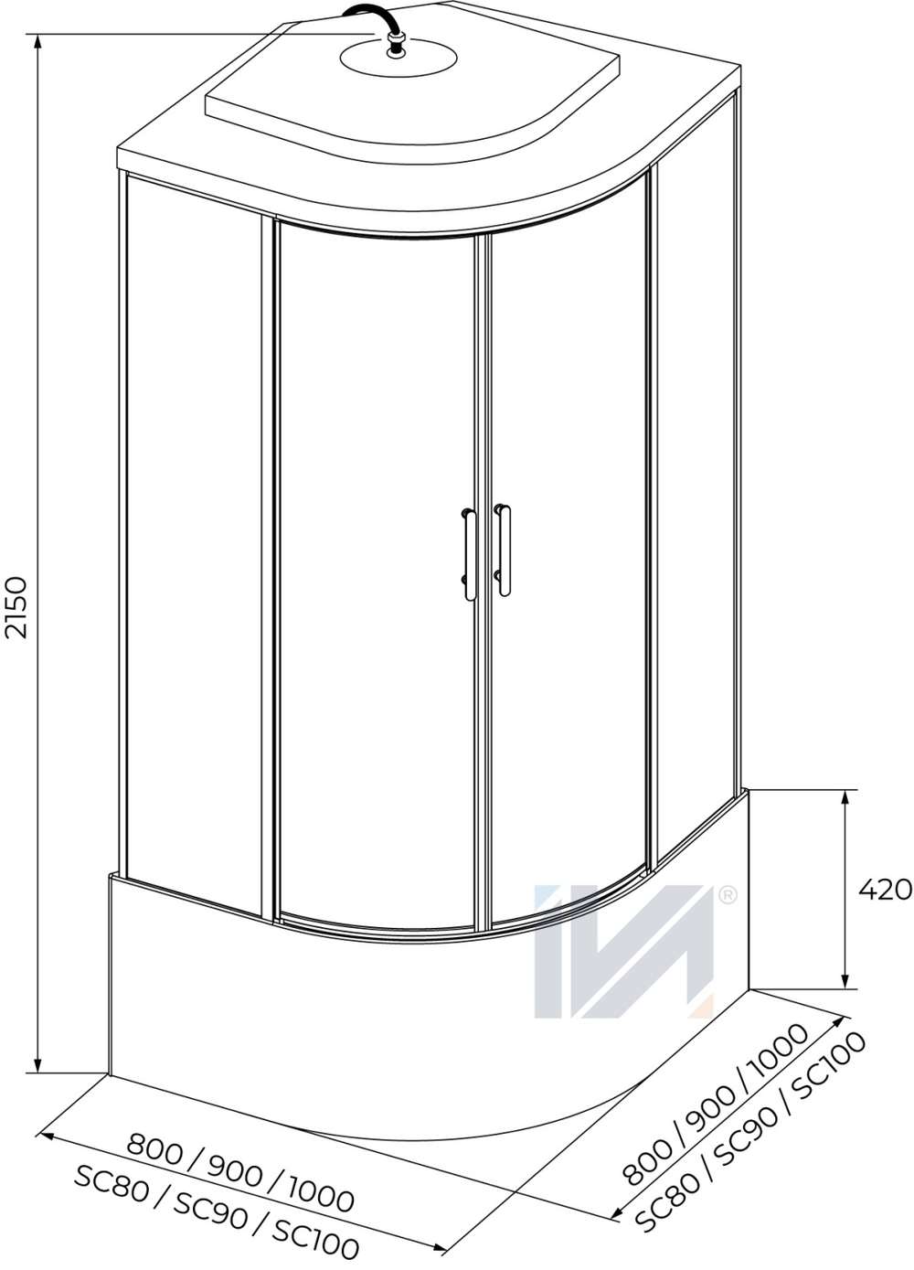 Душевая кабина IVA SC80CTG 800*800*2150 высокий серый поддон, тонированое стекло